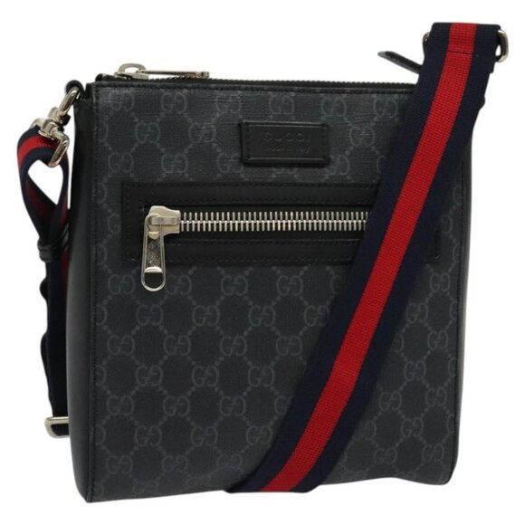 GUCCI GG Supreme Sherry Line Shoulder Bag PVC Black Red Navy 523599 Auth 133793 - Picture 1 of 16